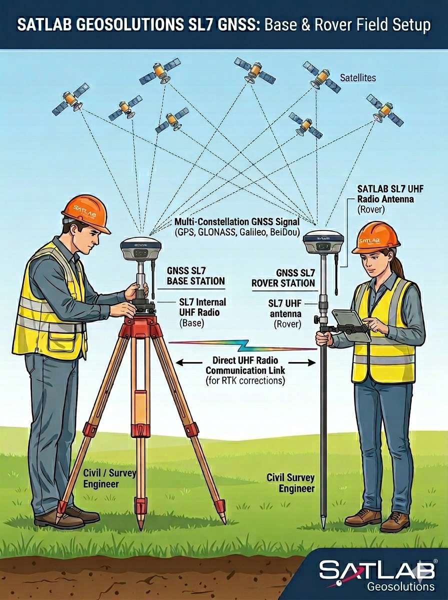 Base Rover Magnetik ติดตั้ง GNSS RTK SL7 โหมด Base & Rover ด้วย Internal UHF Radio